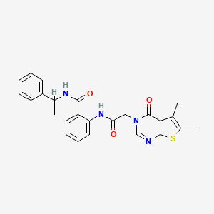 molecular formula C25H24N4O3S B7453872 2-[[2-(5,6-dimethyl-4-oxothieno[2,3-d]pyrimidin-3-yl)acetyl]amino]-N-(1-phenylethyl)benzamide 
