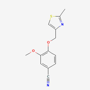 molecular formula C13H12N2O2S B7454253 3-Methoxy-4-[(2-methyl-1,3-thiazol-4-yl)methoxy]benzonitrile 