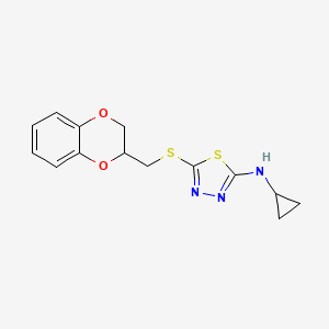 molecular formula C14H15N3O2S2 B7455099 N-cyclopropyl-5-(2,3-dihydro-1,4-benzodioxin-3-ylmethylsulfanyl)-1,3,4-thiadiazol-2-amine 