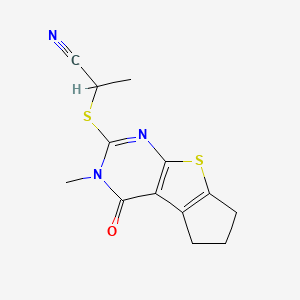 molecular formula C13H13N3OS2 B7455216 2-[(11-Methyl-12-oxo-7-thia-9,11-diazatricyclo[6.4.0.02,6]dodeca-1(8),2(6),9-trien-10-yl)sulfanyl]propanenitrile 