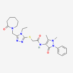 molecular formula C24H31N7O3S B7455552 N-(1,5-dimethyl-3-oxo-2-phenylpyrazol-4-yl)-2-[[4-ethyl-5-[(2-oxoazepan-1-yl)methyl]-1,2,4-triazol-3-yl]sulfanyl]acetamide 
