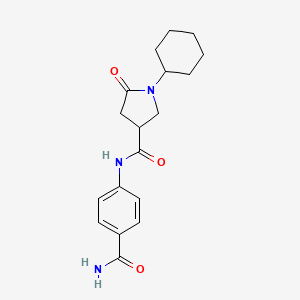 molecular formula C18H23N3O3 B7456121 N-(4-carbamoylphenyl)-1-cyclohexyl-5-oxopyrrolidine-3-carboxamide 