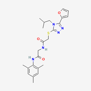 molecular formula C23H29N5O3S B7456218 2-[[2-[[5-(furan-2-yl)-4-(2-methylpropyl)-1,2,4-triazol-3-yl]sulfanyl]acetyl]amino]-N-(2,4,6-trimethylphenyl)acetamide 