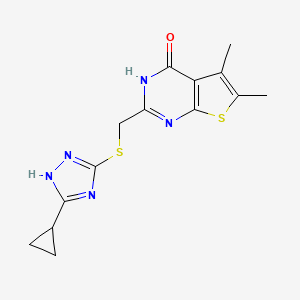 molecular formula C14H15N5OS2 B7457104 2-[(5-cyclopropyl-1H-1,2,4-triazol-3-yl)sulfanylmethyl]-5,6-dimethyl-3H-thieno[2,3-d]pyrimidin-4-one 