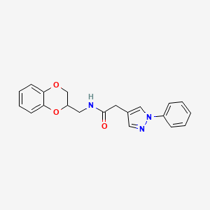molecular formula C20H19N3O3 B7457235 N-(2,3-dihydro-1,4-benzodioxin-3-ylmethyl)-2-(1-phenylpyrazol-4-yl)acetamide 