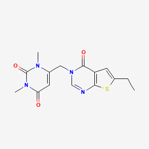 molecular formula C15H16N4O3S B7457509 6-[(6-Ethyl-4-oxothieno[2,3-d]pyrimidin-3-yl)methyl]-1,3-dimethylpyrimidine-2,4-dione 