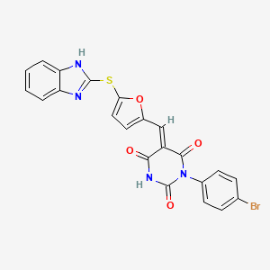 molecular formula C22H13BrN4O4S B7458247 (5E)-5-[[5-(1H-benzimidazol-2-ylsulfanyl)furan-2-yl]methylidene]-1-(4-bromophenyl)-1,3-diazinane-2,4,6-trione 