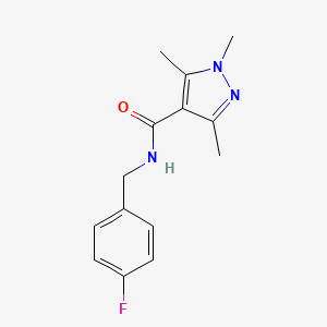 molecular formula C14H16FN3O B7459084 N-[(4-fluorophenyl)methyl]-1,3,5-trimethylpyrazole-4-carboxamide 