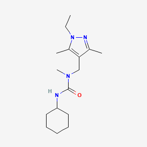 molecular formula C16H28N4O B7459245 3-Cyclohexyl-1-[(1-ethyl-3,5-dimethylpyrazol-4-yl)methyl]-1-methylurea 