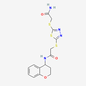 molecular formula C15H16N4O3S3 B7462178 2-[[5-[2-(3,4-dihydro-2H-chromen-4-ylamino)-2-oxoethyl]sulfanyl-1,3,4-thiadiazol-2-yl]sulfanyl]acetamide 
