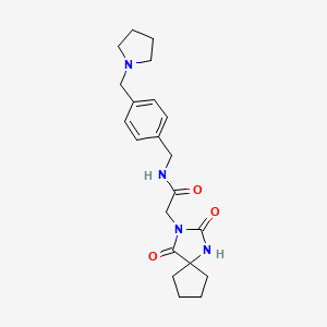 molecular formula C21H28N4O3 B7462753 2-(2,4-dioxo-1,3-diazaspiro[4.4]nonan-3-yl)-N-[[4-(pyrrolidin-1-ylmethyl)phenyl]methyl]acetamide 
