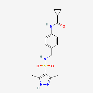 molecular formula C16H20N4O3S B7463068 N-[4-[[(3,5-dimethyl-1H-pyrazol-4-yl)sulfonylamino]methyl]phenyl]cyclopropanecarboxamide 