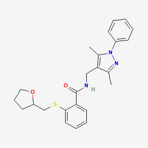 N-[(3,5-dimethyl-1-phenylpyrazol-4-yl)methyl]-2-(oxolan-2-ylmethylsulfanyl)benzamide