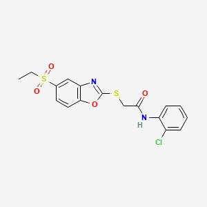 molecular formula C17H15ClN2O4S2 B7465406 N-(2-chlorophenyl)-2-[(5-ethylsulfonyl-1,3-benzoxazol-2-yl)sulfanyl]acetamide 