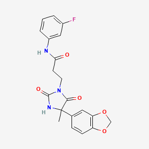 molecular formula C20H18FN3O5 B7467786 3-[4-(1,3-benzodioxol-5-yl)-4-methyl-2,5-dioxoimidazolidin-1-yl]-N-(3-fluorophenyl)propanamide 