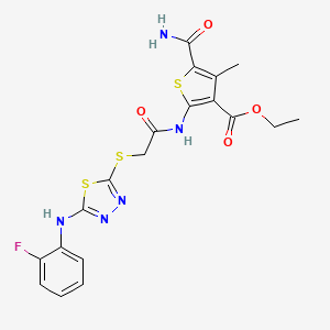 molecular formula C19H18FN5O4S3 B7468674 Ethyl 5-carbamoyl-2-[[2-[[5-(2-fluoroanilino)-1,3,4-thiadiazol-2-yl]sulfanyl]acetyl]amino]-4-methylthiophene-3-carboxylate 