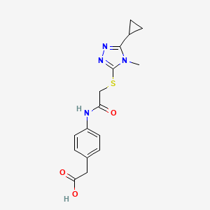 molecular formula C16H18N4O3S B7471354 2-[4-[[2-[(5-Cyclopropyl-4-methyl-1,2,4-triazol-3-yl)sulfanyl]acetyl]amino]phenyl]acetic acid 