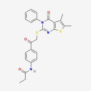 N-[4-[2-(5,6-dimethyl-4-oxo-3-phenylthieno[2,3-d]pyrimidin-2-yl)sulfanylacetyl]phenyl]propanamide