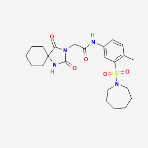 molecular formula C24H34N4O5S B7476449 N-[3-(azepan-1-ylsulfonyl)-4-methylphenyl]-2-(8-methyl-2,4-dioxo-1,3-diazaspiro[4.5]decan-3-yl)acetamide 