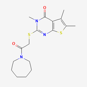 molecular formula C17H23N3O2S2 B7476926 2-[2-(Azepan-1-yl)-2-oxoethyl]sulfanyl-3,5,6-trimethylthieno[2,3-d]pyrimidin-4-one 