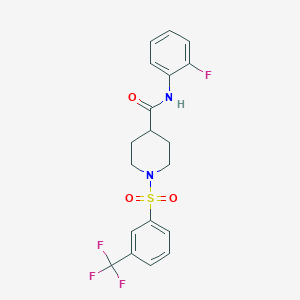 molecular formula C19H18F4N2O3S B7477007 N-(2-fluorophenyl)-1-[3-(trifluoromethyl)phenyl]sulfonylpiperidine-4-carboxamide 