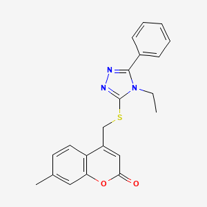 molecular formula C21H19N3O2S B7477487 4-[(4-Ethyl-5-phenyl-1,2,4-triazol-3-yl)sulfanylmethyl]-7-methylchromen-2-one 