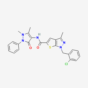 molecular formula C25H22ClN5O2S B7477976 1-[(2-chlorophenyl)methyl]-N-(1,5-dimethyl-3-oxo-2-phenylpyrazol-4-yl)-3-methylthieno[2,3-c]pyrazole-5-carboxamide 