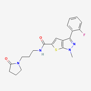 molecular formula C20H21FN4O2S B7478730 3-(2-fluorophenyl)-1-methyl-N-[3-(2-oxopyrrolidin-1-yl)propyl]thieno[2,3-c]pyrazole-5-carboxamide 