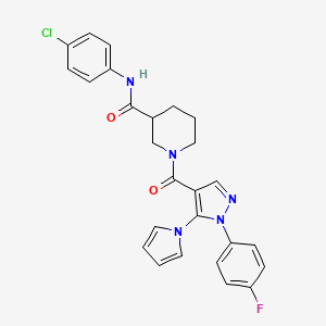 molecular formula C26H23ClFN5O2 B7478940 N-(4-chlorophenyl)-1-{[1-(4-fluorophenyl)-5-(1H-pyrrol-1-yl)-1H-pyrazol-4-yl]carbonyl}piperidine-3-carboxamide 