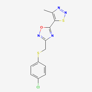 molecular formula C12H9ClN4OS2 B7480644 3-[(4-Chlorophenyl)sulfanylmethyl]-5-(4-methylthiadiazol-5-yl)-1,2,4-oxadiazole 