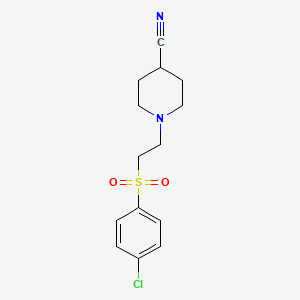 molecular formula C14H17ClN2O2S B7481764 1-[2-(4-Chlorophenyl)sulfonylethyl]piperidine-4-carbonitrile 