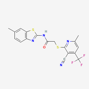 molecular formula C18H13F3N4OS2 B7483395 2-[3-cyano-6-methyl-4-(trifluoromethyl)pyridin-2-yl]sulfanyl-N-(6-methyl-1,3-benzothiazol-2-yl)acetamide 