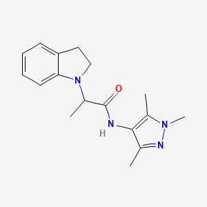 molecular formula C17H22N4O B7487310 2-(2,3-dihydroindol-1-yl)-N-(1,3,5-trimethylpyrazol-4-yl)propanamide 