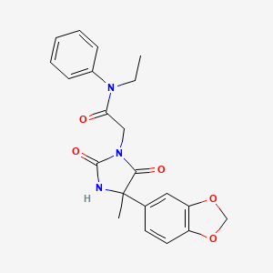 molecular formula C21H21N3O5 B7488274 2-[4-(1,3-benzodioxol-5-yl)-4-methyl-2,5-dioxoimidazolidin-1-yl]-N-ethyl-N-phenylacetamide 