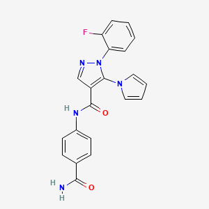 molecular formula C21H16FN5O2 B7495725 N-(4-carbamoylphenyl)-1-(2-fluorophenyl)-5-(1H-pyrrol-1-yl)-1H-pyrazole-4-carboxamide 