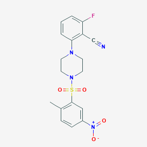 molecular formula C18H17FN4O4S B7496789 2-Fluoro-6-[4-(2-methyl-5-nitrophenyl)sulfonylpiperazin-1-yl]benzonitrile 