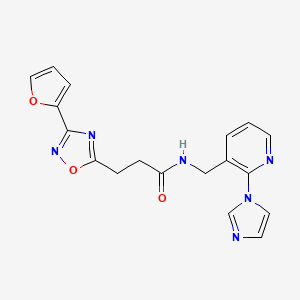 molecular formula C18H16N6O3 B7496957 3-[3-(furan-2-yl)-1,2,4-oxadiazol-5-yl]-N-[(2-imidazol-1-ylpyridin-3-yl)methyl]propanamide 