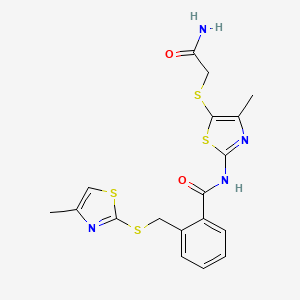 molecular formula C18H18N4O2S4 B7497757 N-[5-(2-amino-2-oxoethyl)sulfanyl-4-methyl-1,3-thiazol-2-yl]-2-[(4-methyl-1,3-thiazol-2-yl)sulfanylmethyl]benzamide 