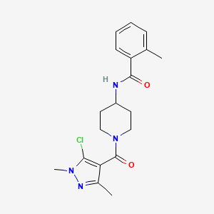 molecular formula C19H23ClN4O2 B7499351 N-[1-(5-chloro-1,3-dimethylpyrazole-4-carbonyl)piperidin-4-yl]-2-methylbenzamide 