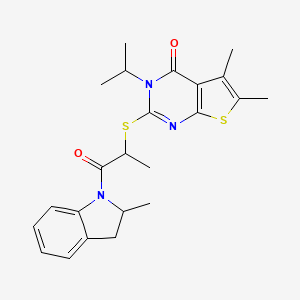 5,6-Dimethyl-2-[1-(2-methyl-2,3-dihydroindol-1-yl)-1-oxopropan-2-yl]sulfanyl-3-propan-2-ylthieno[2,3-d]pyrimidin-4-one