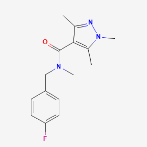 molecular formula C15H18FN3O B7506127 N-[(4-fluorophenyl)methyl]-N,1,3,5-tetramethylpyrazole-4-carboxamide 