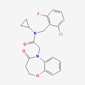 molecular formula C21H20ClFN2O3 B7506269 N-[(2-chloro-6-fluorophenyl)methyl]-N-cyclopropyl-2-(4-oxo-2,3-dihydro-1,5-benzoxazepin-5-yl)acetamide 