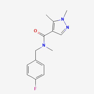 molecular formula C14H16FN3O B7509173 N-[(4-fluorophenyl)methyl]-N,1,5-trimethylpyrazole-4-carboxamide 