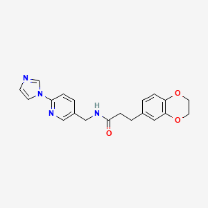 molecular formula C20H20N4O3 B7513039 3-(2,3-dihydro-1,4-benzodioxin-6-yl)-N-[(6-imidazol-1-ylpyridin-3-yl)methyl]propanamide 