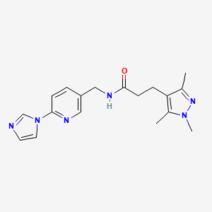 molecular formula C18H22N6O B7513095 N-[(6-imidazol-1-ylpyridin-3-yl)methyl]-3-(1,3,5-trimethylpyrazol-4-yl)propanamide 