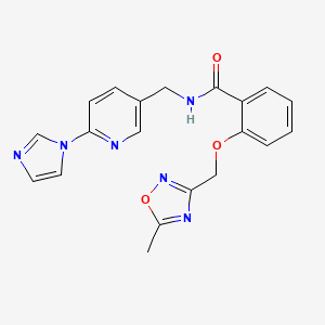 molecular formula C20H18N6O3 B7513116 N-[(6-imidazol-1-ylpyridin-3-yl)methyl]-2-[(5-methyl-1,2,4-oxadiazol-3-yl)methoxy]benzamide 
