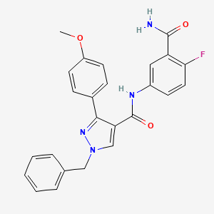 molecular formula C25H21FN4O3 B7513963 1-benzyl-N-(3-carbamoyl-4-fluorophenyl)-3-(4-methoxyphenyl)pyrazole-4-carboxamide 