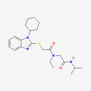 molecular formula C22H32N4O2S B7514333 2-[[2-(1-cyclohexylbenzimidazol-2-yl)sulfanylacetyl]-ethylamino]-N-propan-2-ylacetamide 