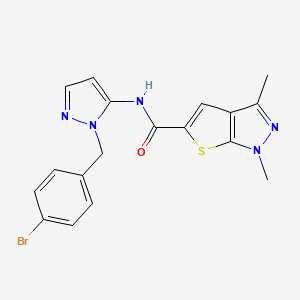 molecular formula C18H16BrN5OS B7516556 N-[2-[(4-bromophenyl)methyl]pyrazol-3-yl]-1,3-dimethylthieno[2,3-c]pyrazole-5-carboxamide 