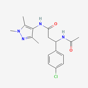 molecular formula C17H21ClN4O2 B7516786 3-acetamido-3-(4-chlorophenyl)-N-(1,3,5-trimethylpyrazol-4-yl)propanamide 